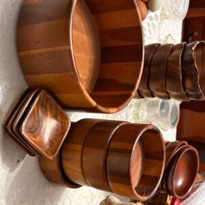 Vintage Wooden Bowl Set - Warm Chestnut Stripes